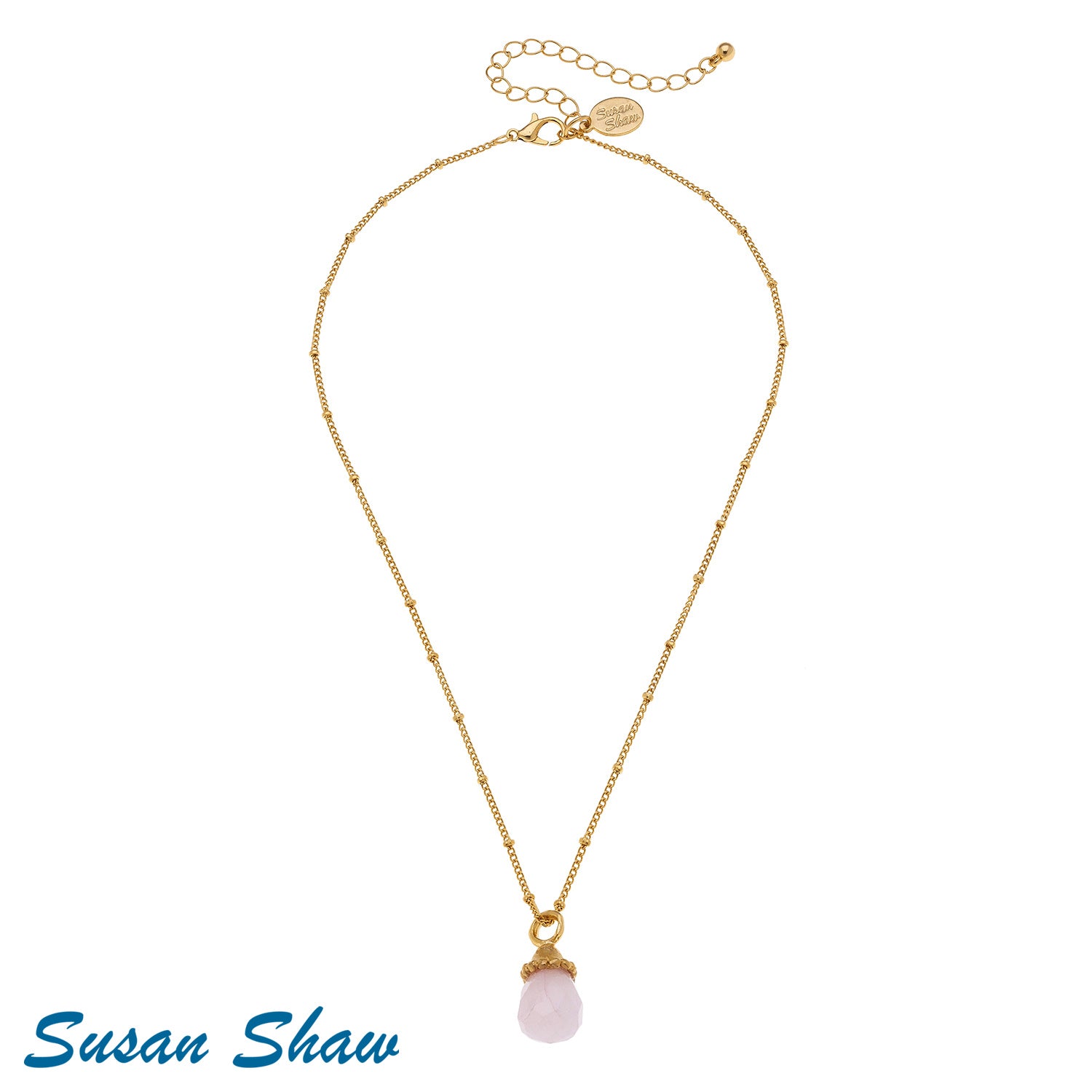 SUSAN SHAW Pink Quartz on Dainty Gold dipped Chain Necklace