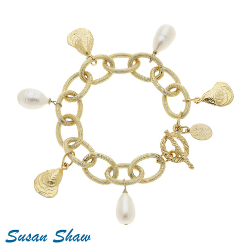 Handcast Gold Oyster Shells & Genuine Freshwater Pearl Charm Bracelet