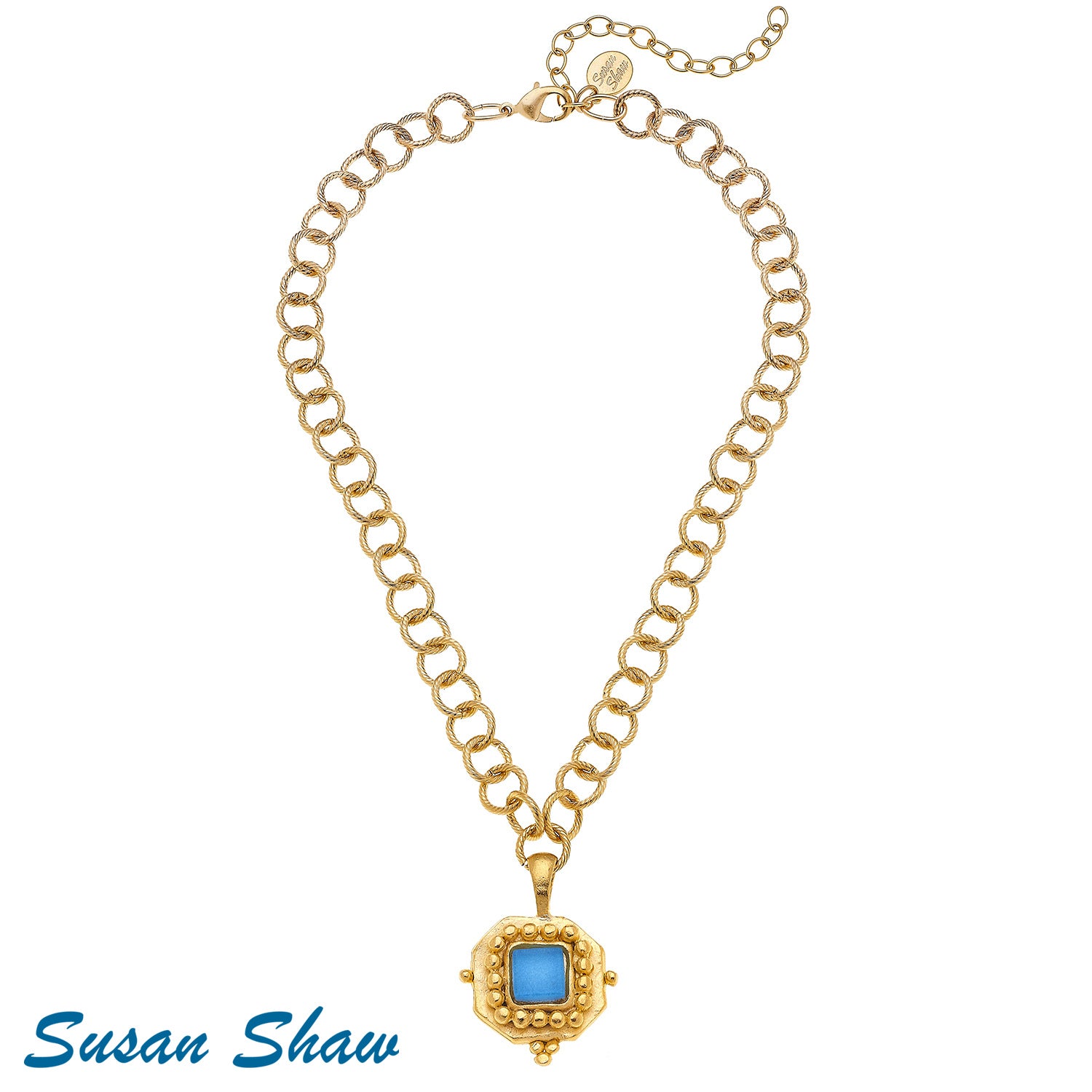 Susan Shaw Handcast Gold Square with Aqua French Glass Necklace