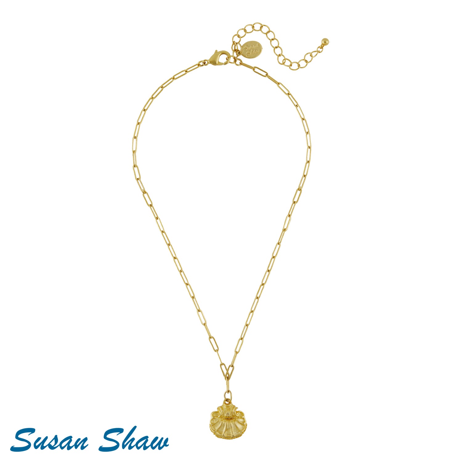 Gold Scalloped Shell on paperclip chain necklace 16" + 3" extender chain