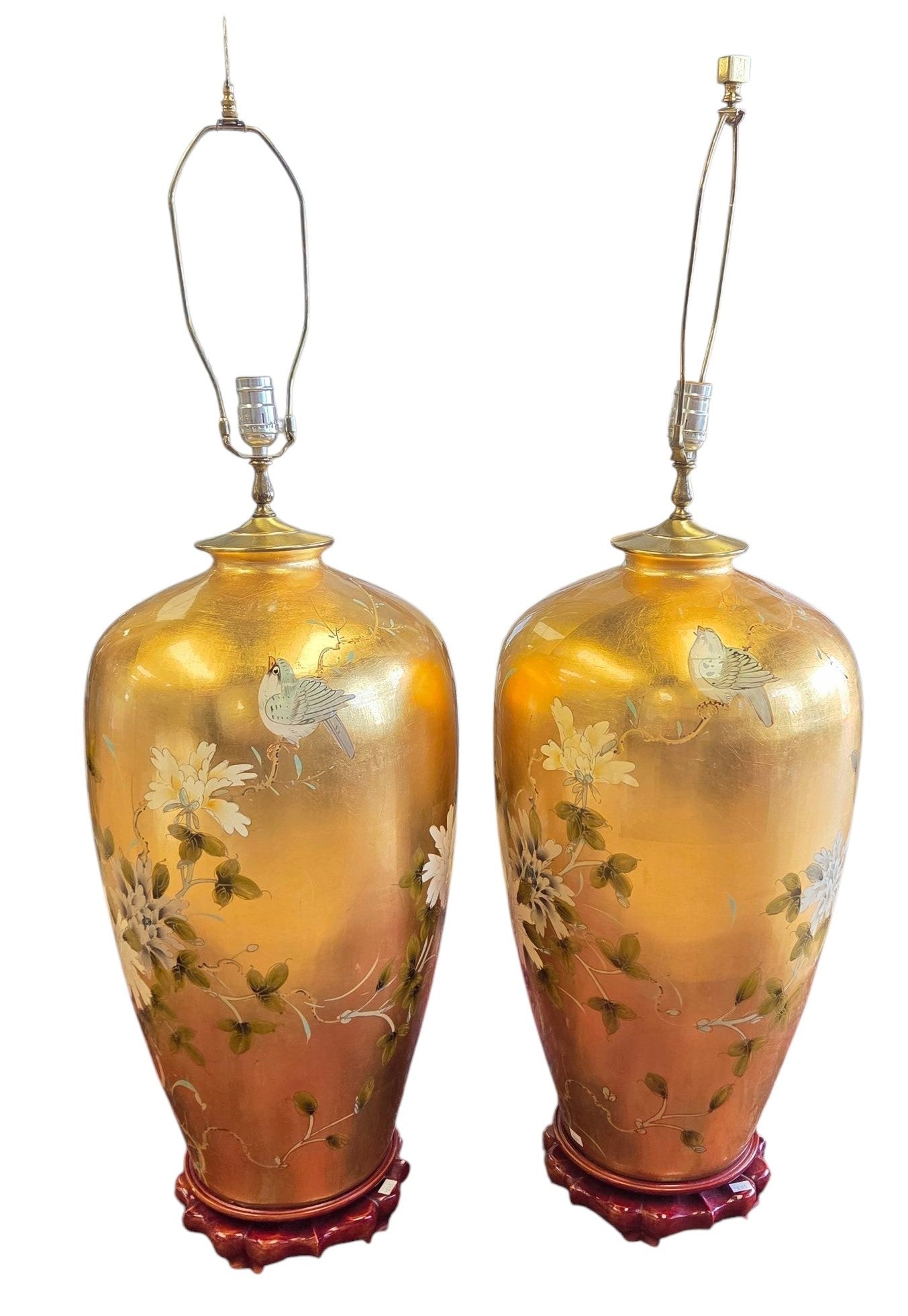 MONUMENTAL PAIR GOLD LEAF BIRD FLORAL TABLE LAMPS