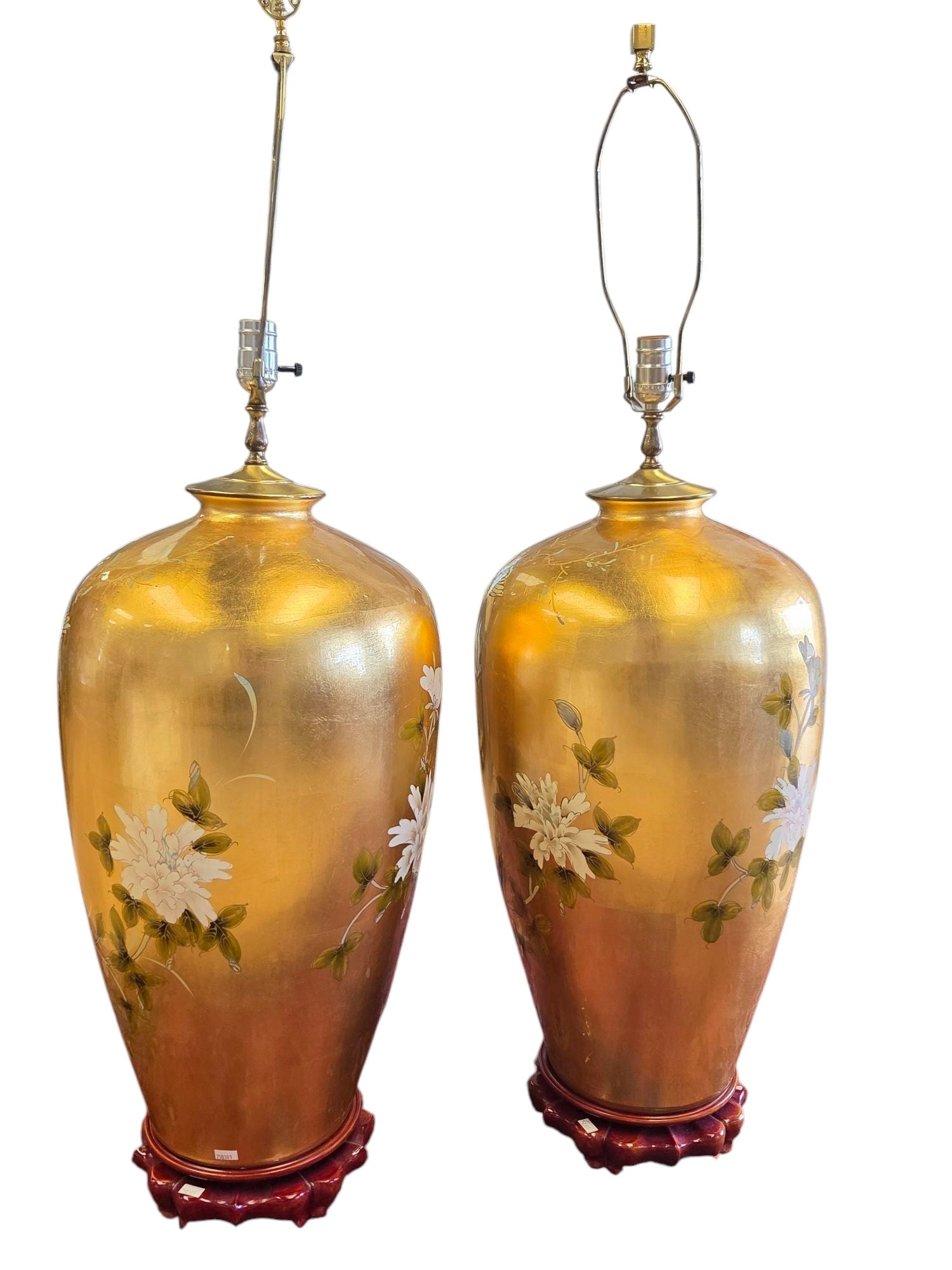 MONUMENTAL PAIR GOLD LEAF BIRD FLORAL TABLE LAMPS