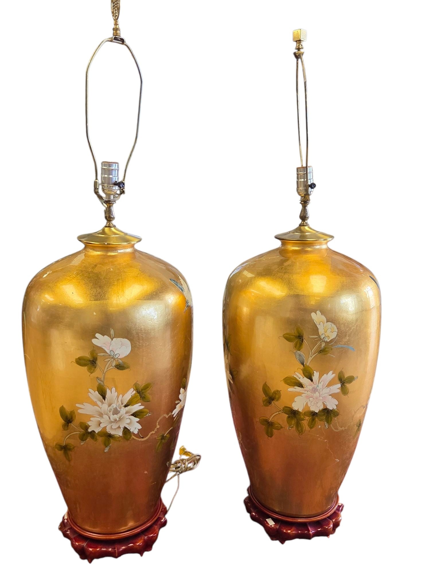 MONUMENTAL PAIR GOLD LEAF BIRD FLORAL TABLE LAMPS