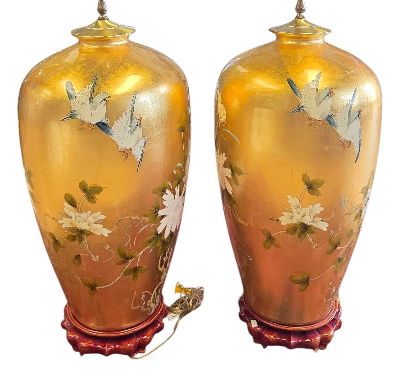 MONUMENTAL PAIR GOLD LEAF BIRD FLORAL TABLE LAMPS