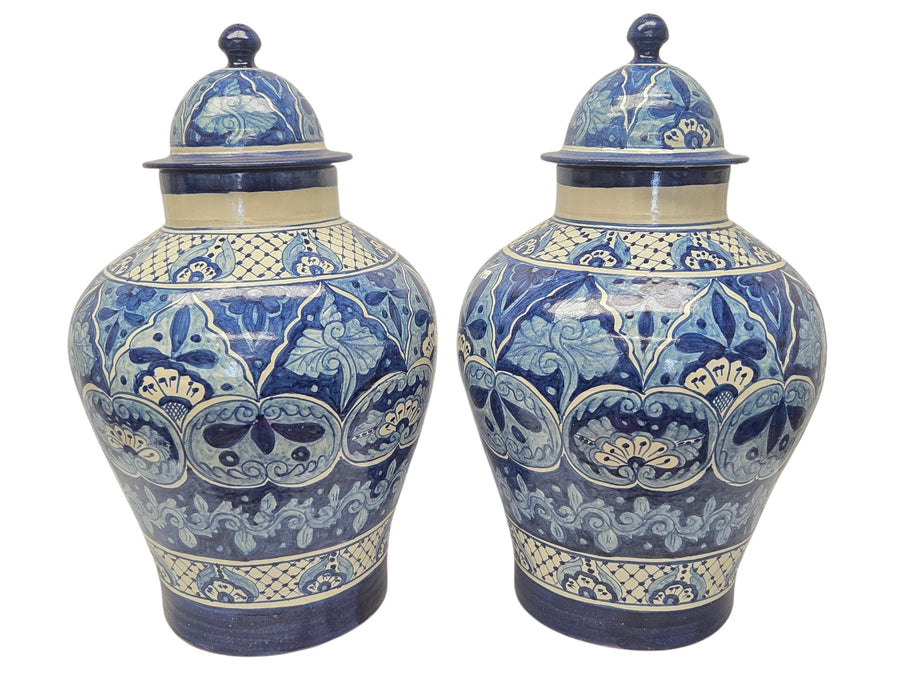 A Pair of Lg Artist Signed Hand Painted Talavera Lidded Ginger Jars