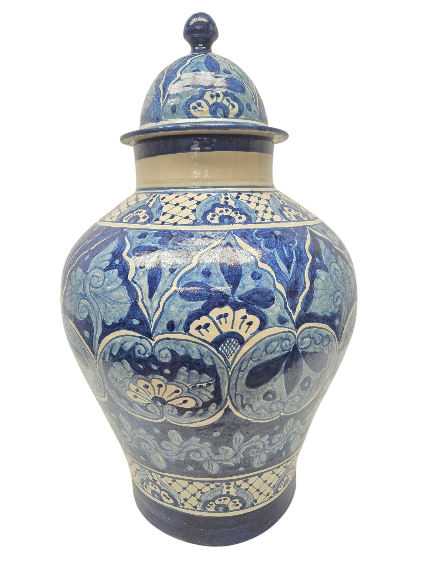 A Pair of Lg Artist Signed Hand Painted Talavera Lidded Ginger Jars