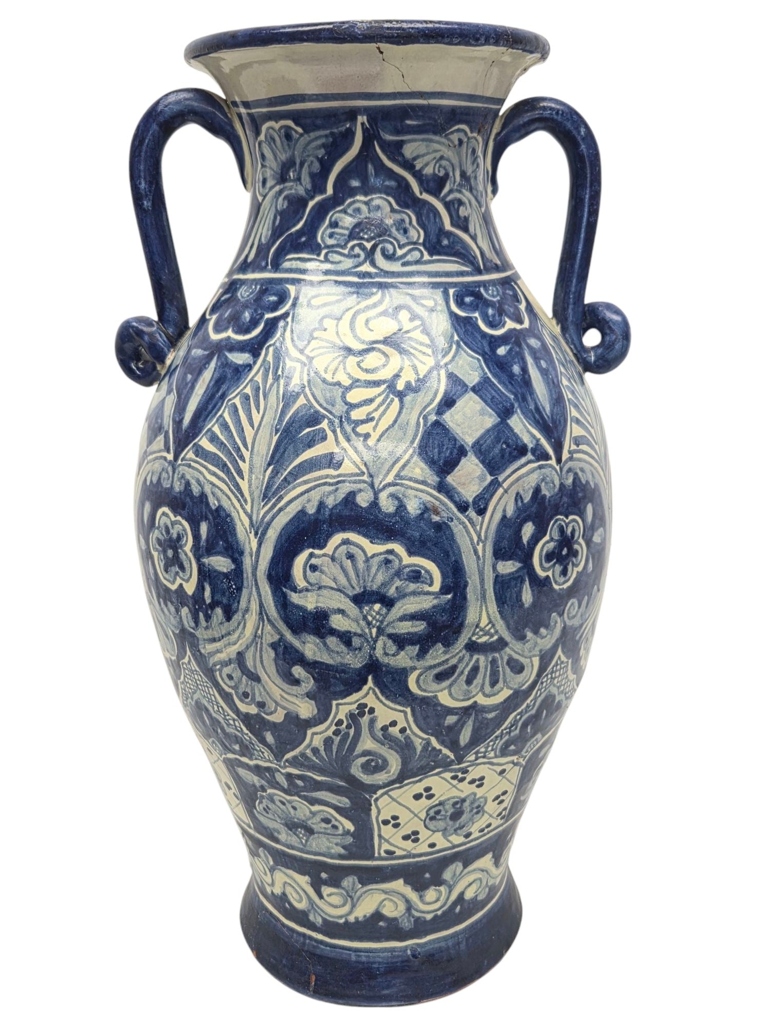 20" HAND PAINTED TALVERA BLUE WHITE VASE W/ HANDLES