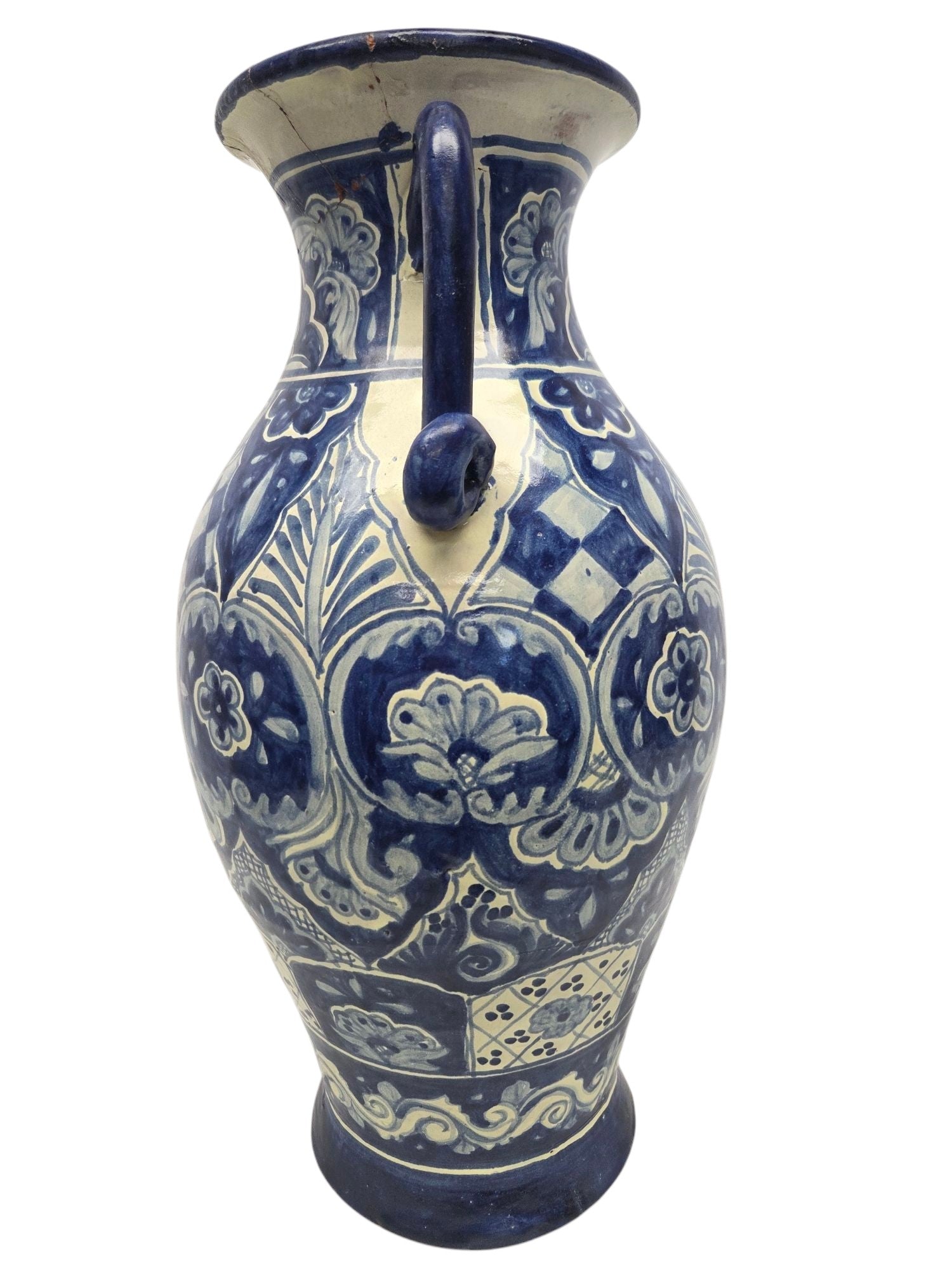 20" HAND PAINTED TALVERA BLUE WHITE VASE W/ HANDLES