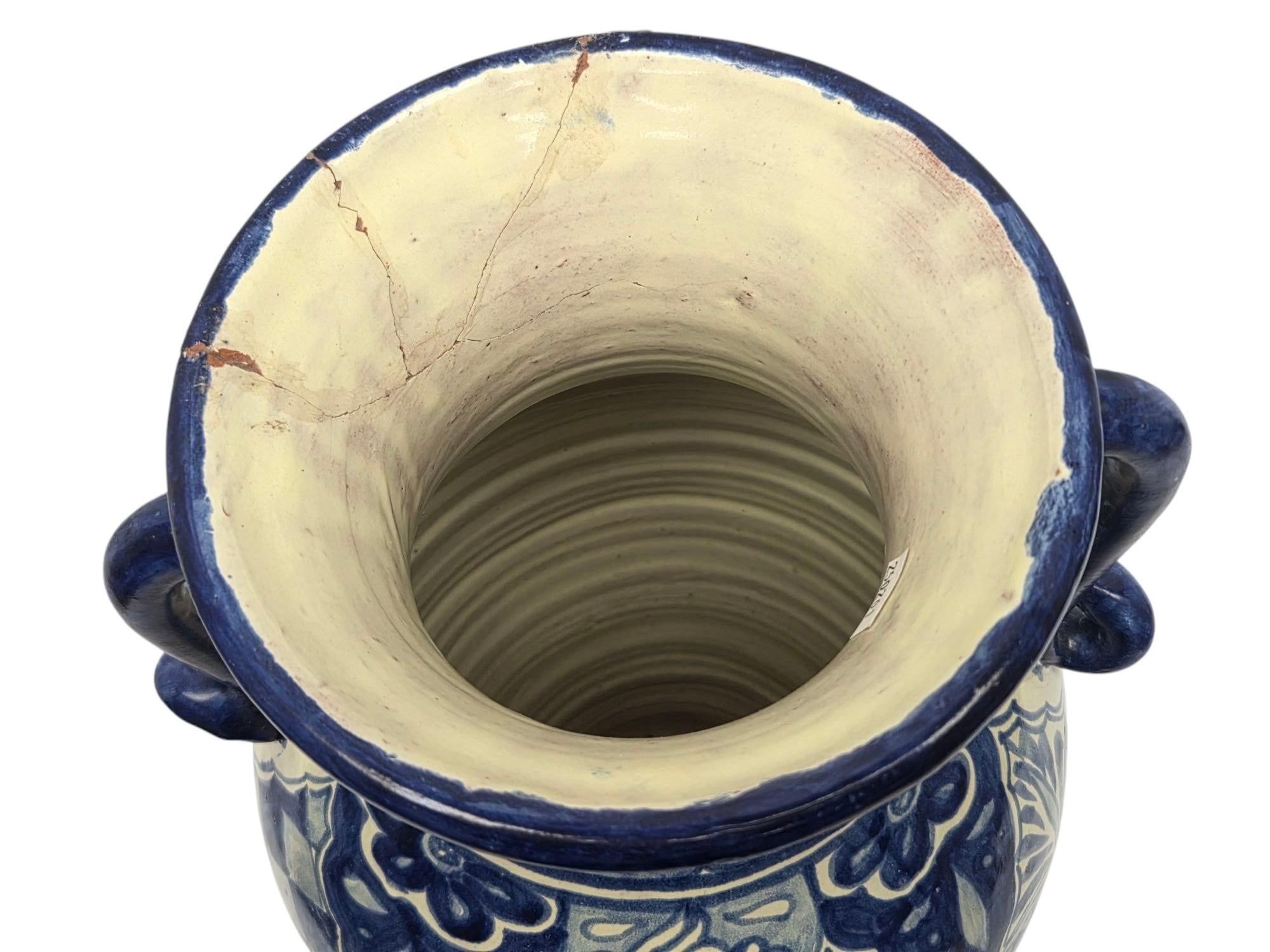 20" HAND PAINTED TALVERA BLUE WHITE VASE W/ HANDLES