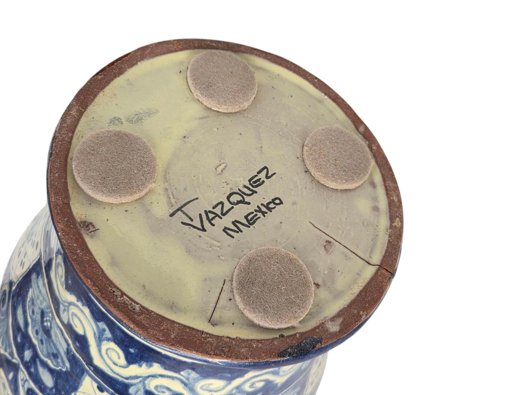 20" HAND PAINTED TALVERA BLUE WHITE VASE W/ HANDLES