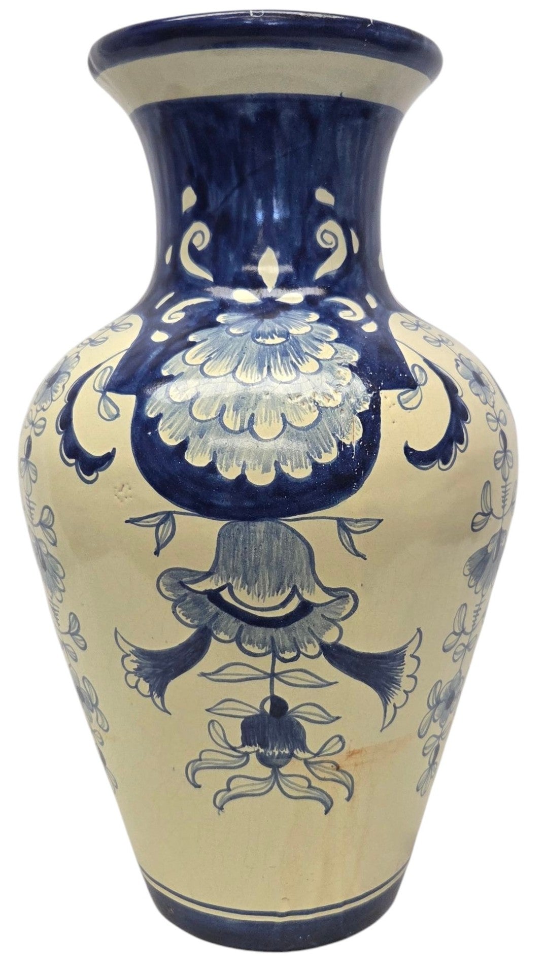 ARTIST SIGNED, HAND PAINTED TALAVERA BLUE/WHT VASE 10.5"T