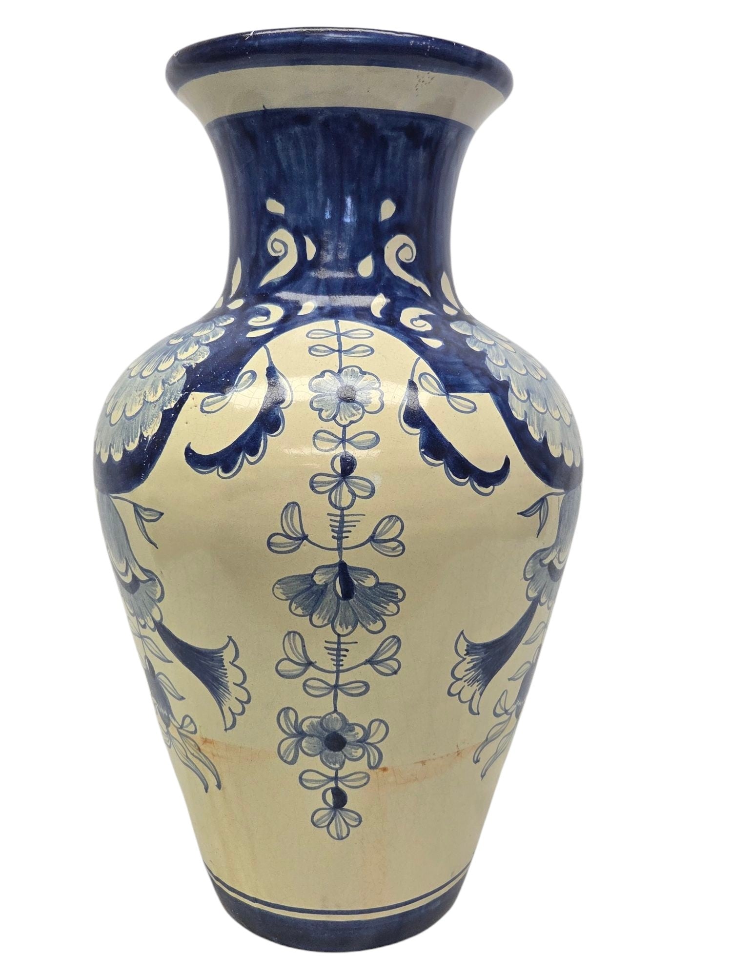 ARTIST SIGNED, HAND PAINTED TALAVERA BLUE/WHT VASE 10.5"T