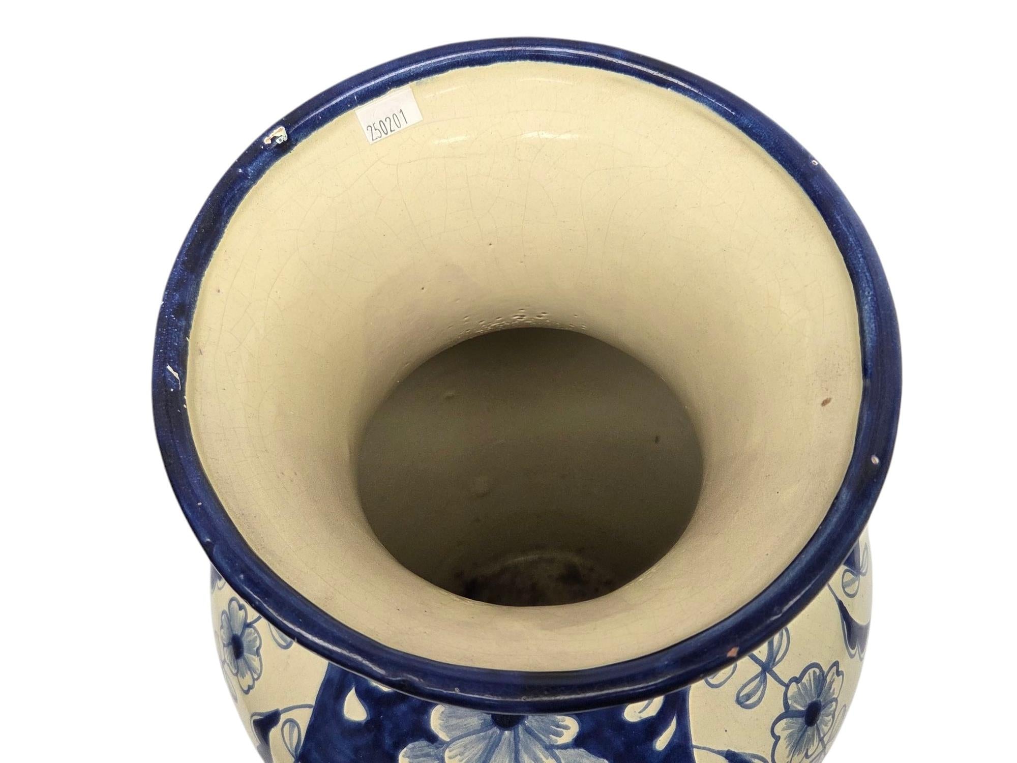 ARTIST SIGNED, HAND PAINTED TALAVERA BLUE/WHT VASE 10.5"T