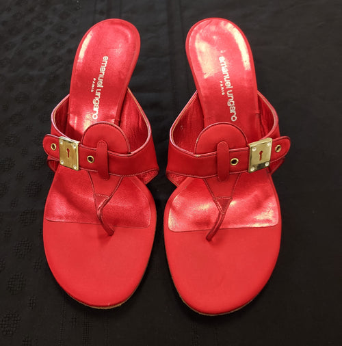 EMANUAL UNGARO RED SATIN SANDALS SIZE 9