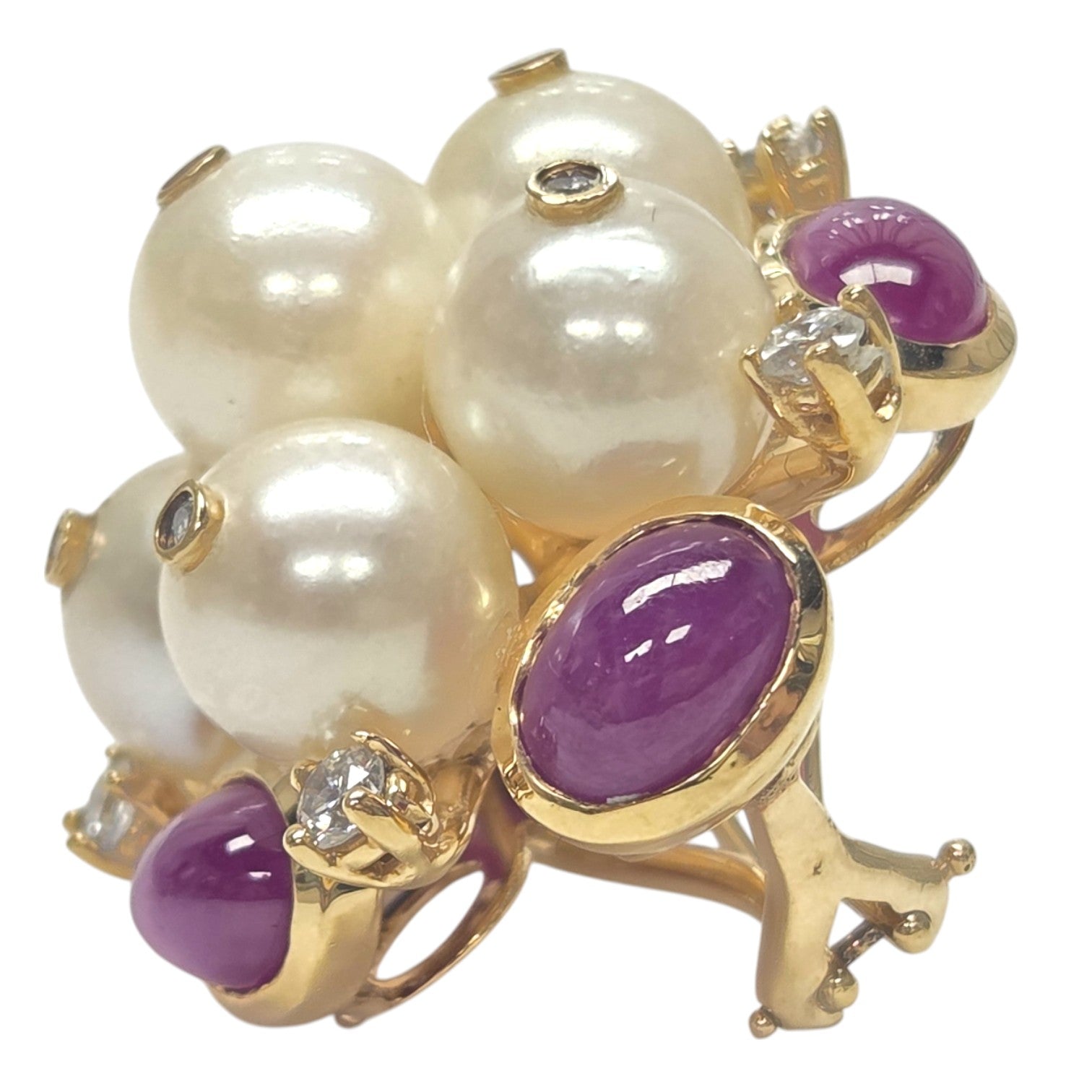 PAIR 18kt GOLD DIAMOND, PEARL & CABOCHON RUBY EARINGS