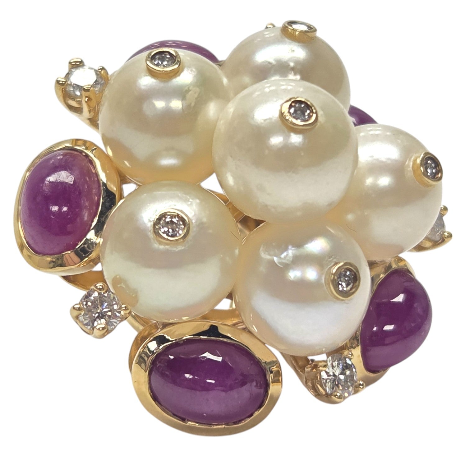 PAIR 18kt GOLD DIAMOND, PEARL & CABOCHON RUBY EARINGS