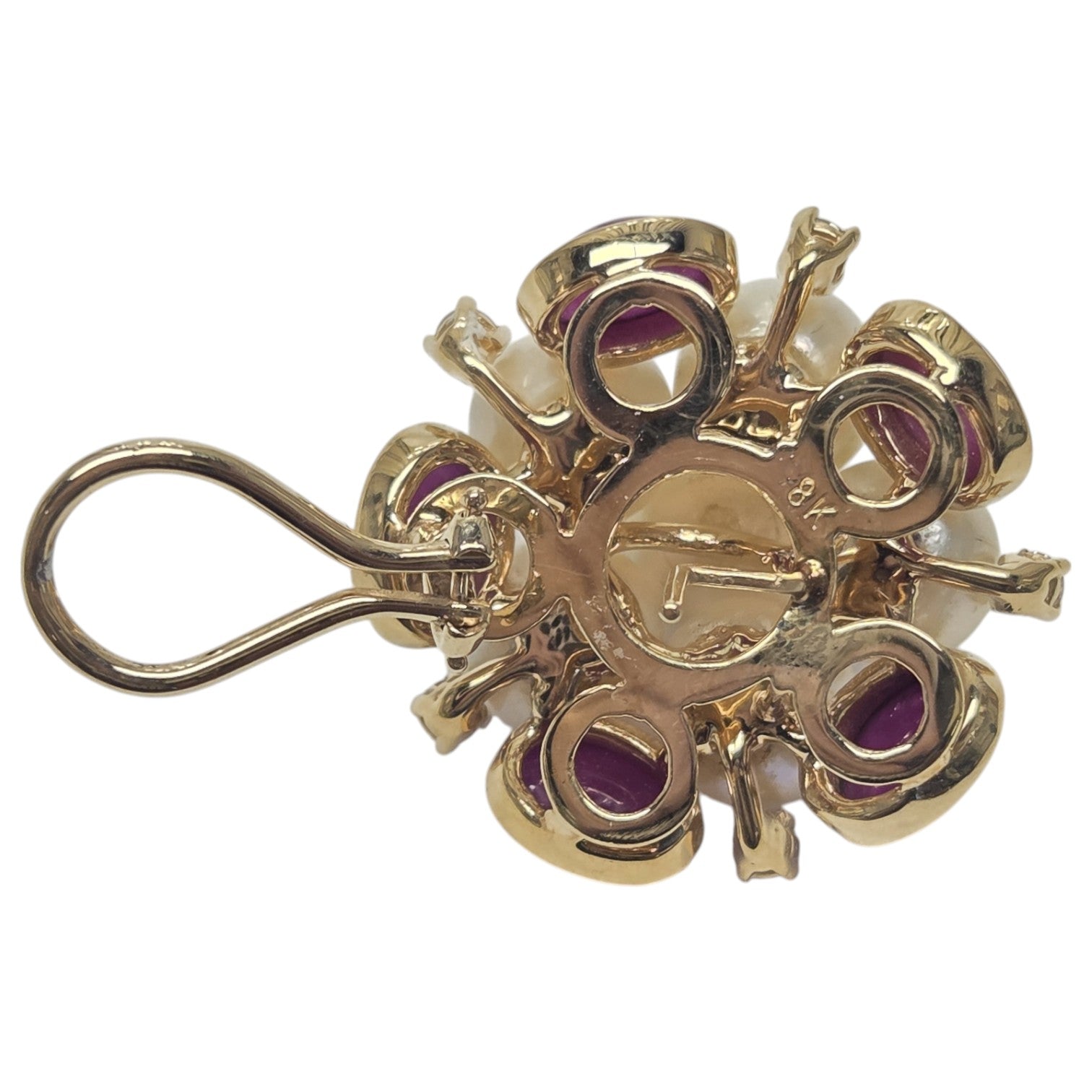 PAIR 18kt GOLD DIAMOND, PEARL & CABOCHON RUBY EARINGS