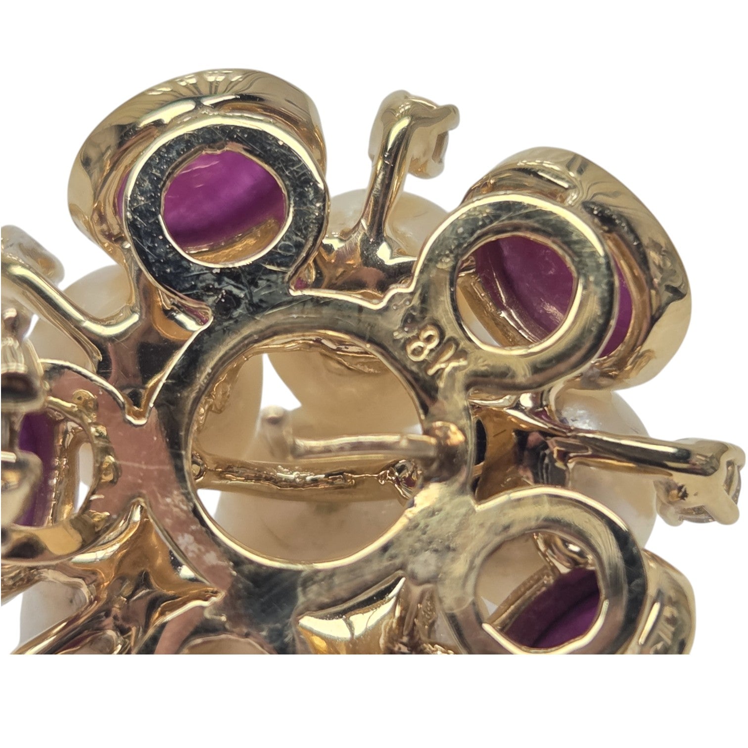 PAIR 18kt GOLD DIAMOND, PEARL & CABOCHON RUBY EARINGS