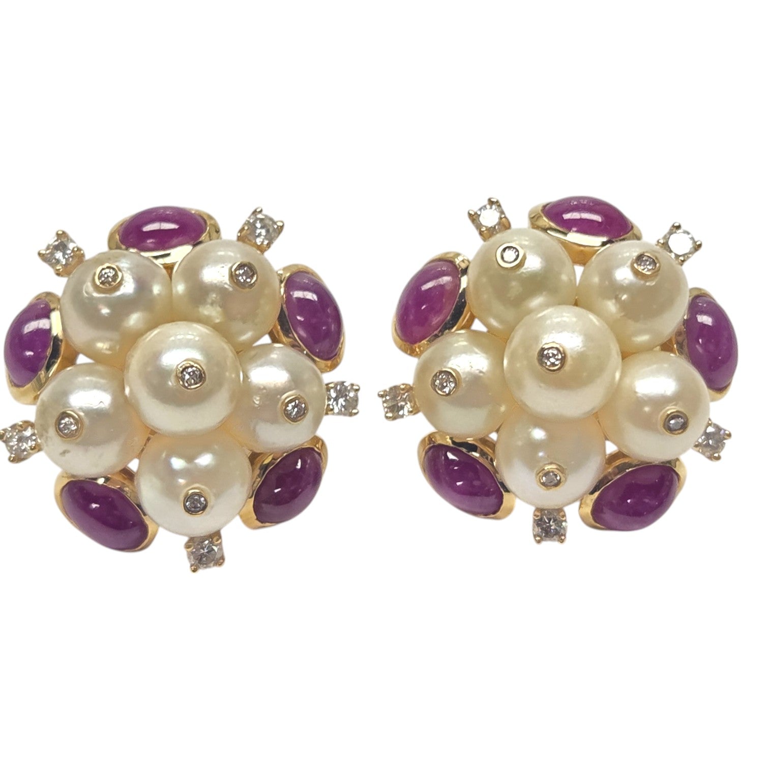 PAIR 18kt GOLD DIAMOND, PEARL & CABOCHON RUBY EARINGS