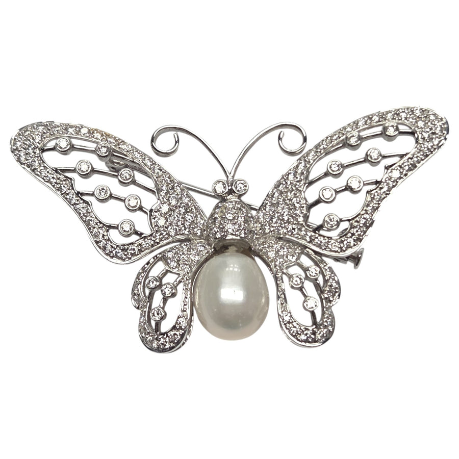18kt WHITE GOLD 2CT DIAMOND AND PEARL BUTTERFLY BROOCH