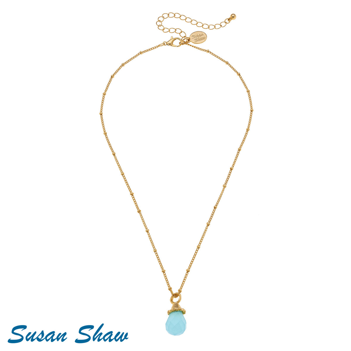 SUSAN SHAW Aqua Quartz on Dainty Gold Dipped Chain Necklace
