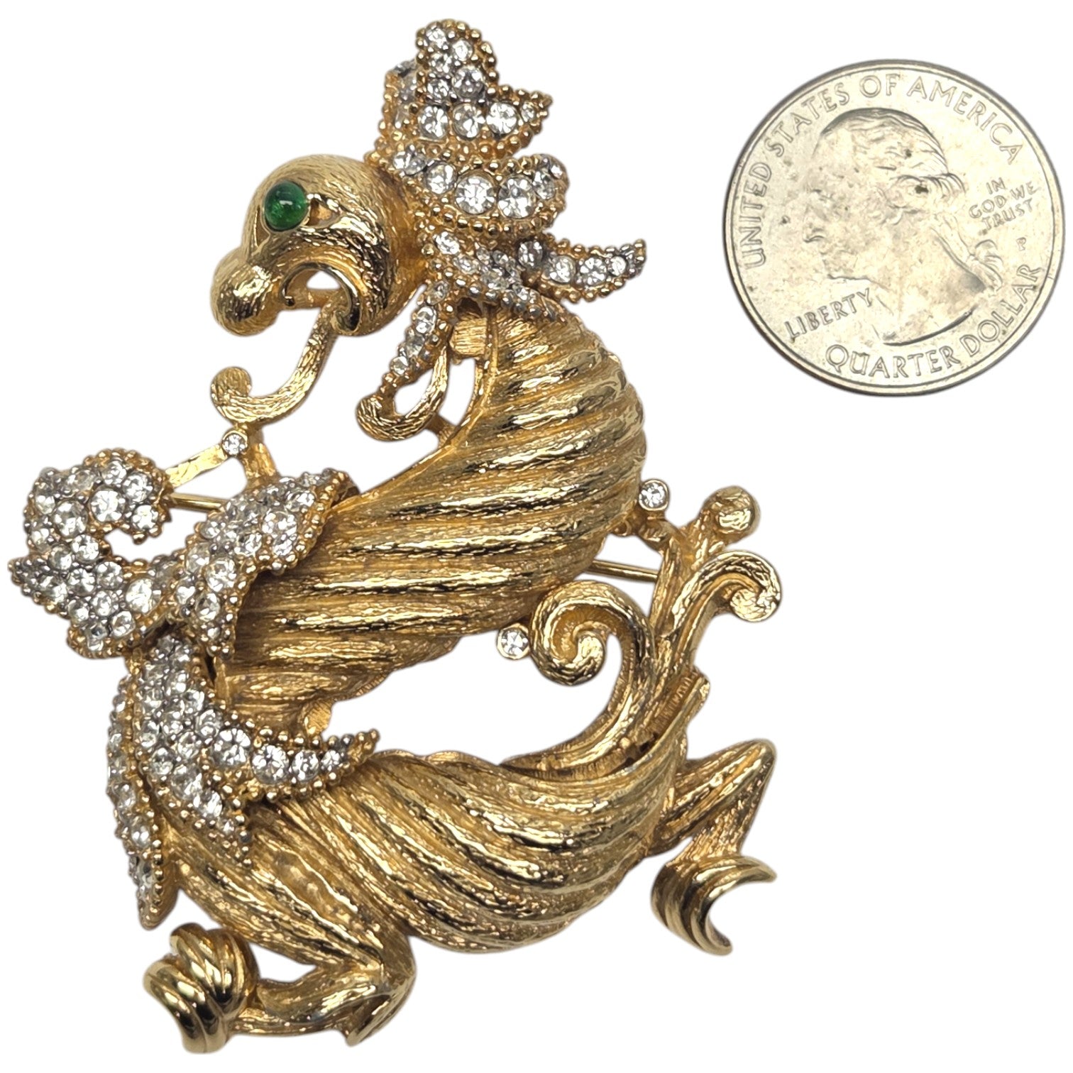 FREE SHIPPING - Ciner Gold Finished Dragon Brooch W/ Rhinestones