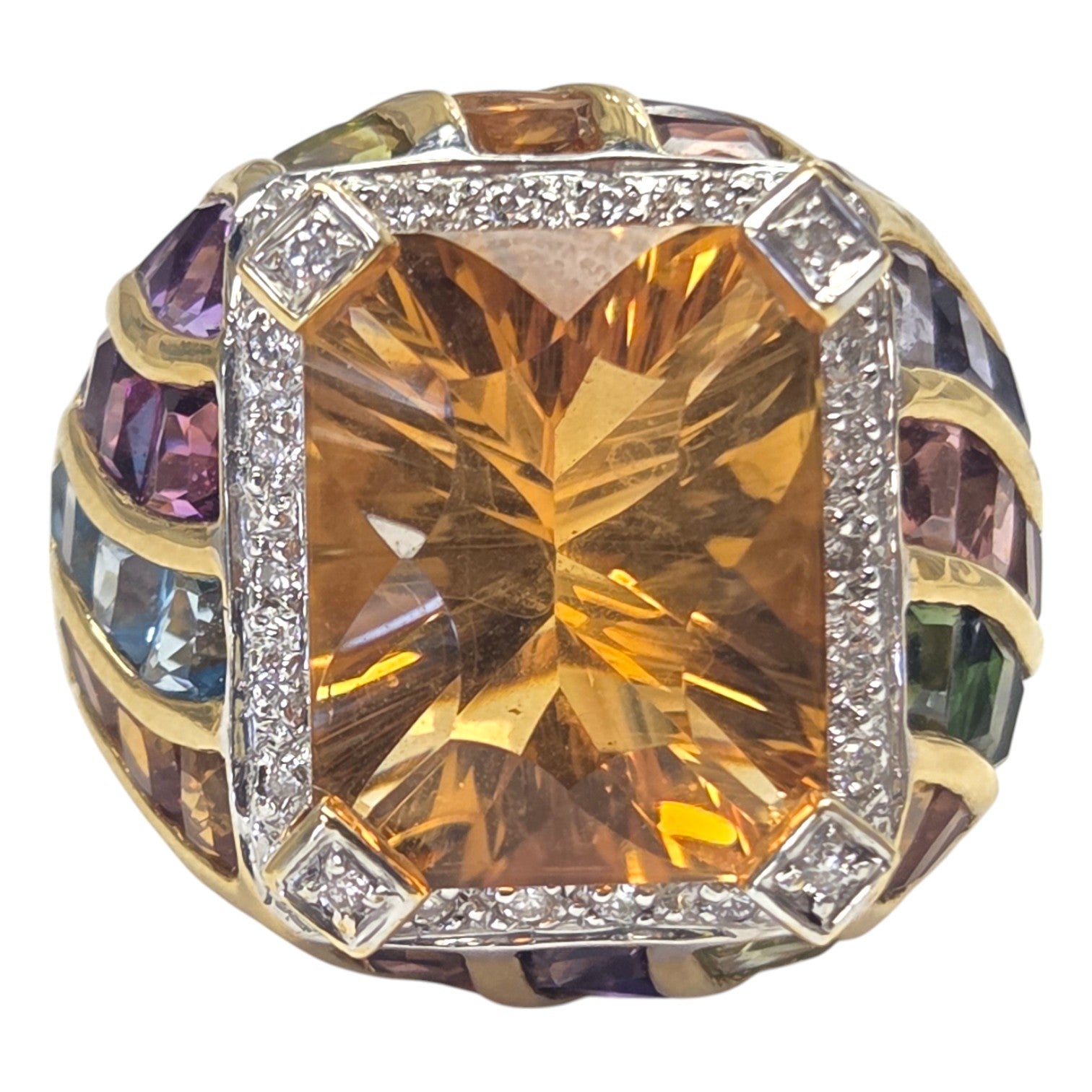 ESTATE 18KT DIAMOND & CITRINE RING WITH MULTI SEMI-PRECIOUS GEMS