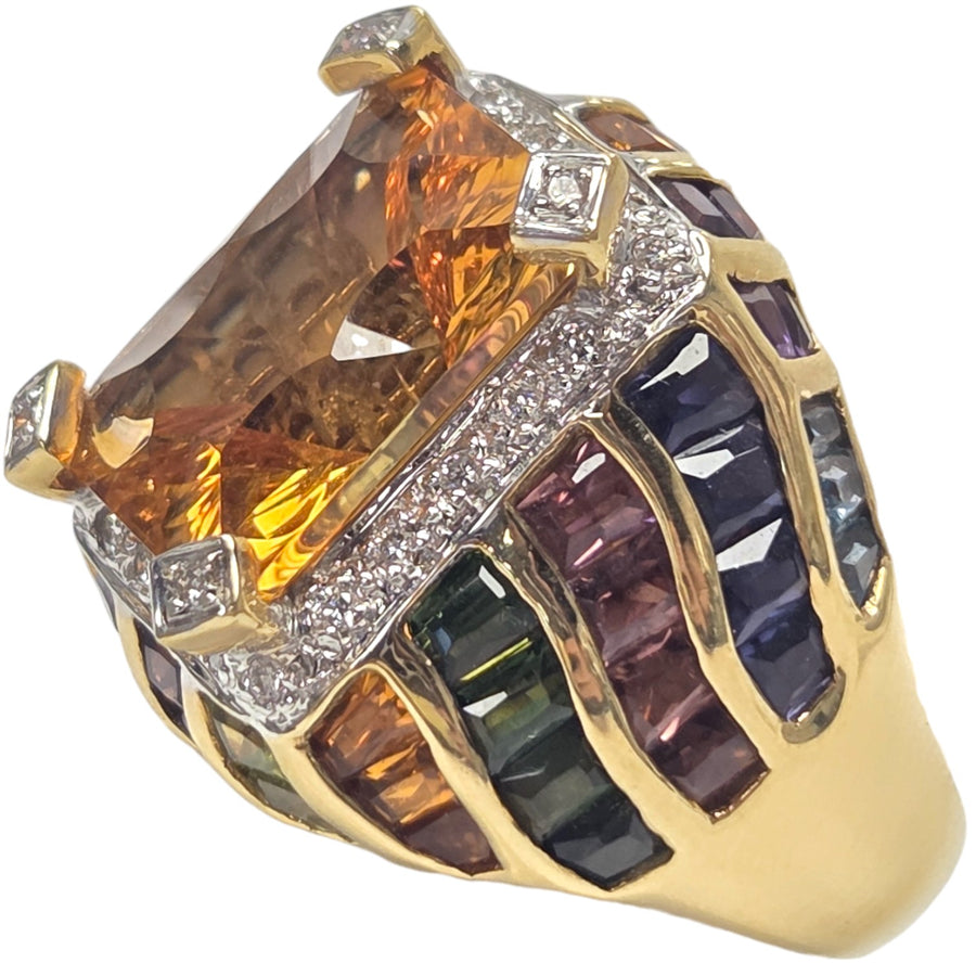ESTATE 18KT DIAMOND & CITRINE RING WITH MULTI SEMI-PRECIOUS GEMS