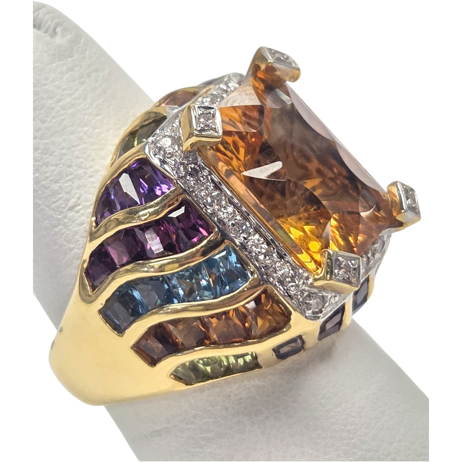 ESTATE 18KT DIAMOND & CITRINE RING WITH MULTI SEMI-PRECIOUS GEMS