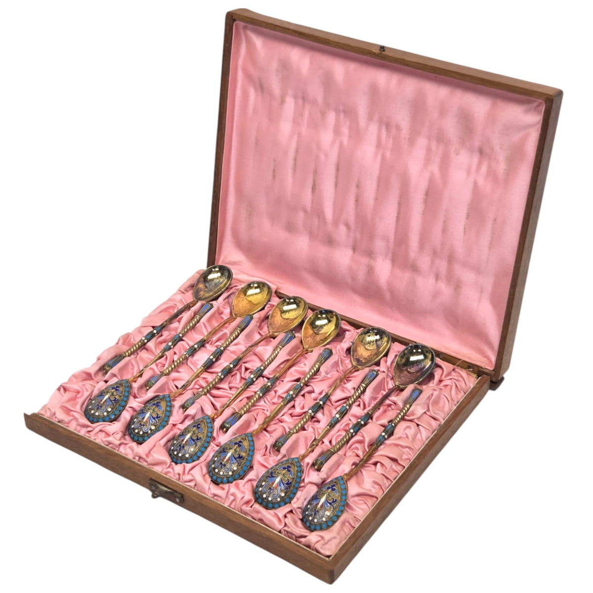 12 RUSSIAN SILVER GOLD ENAMEL DEMITASSE SPOONS