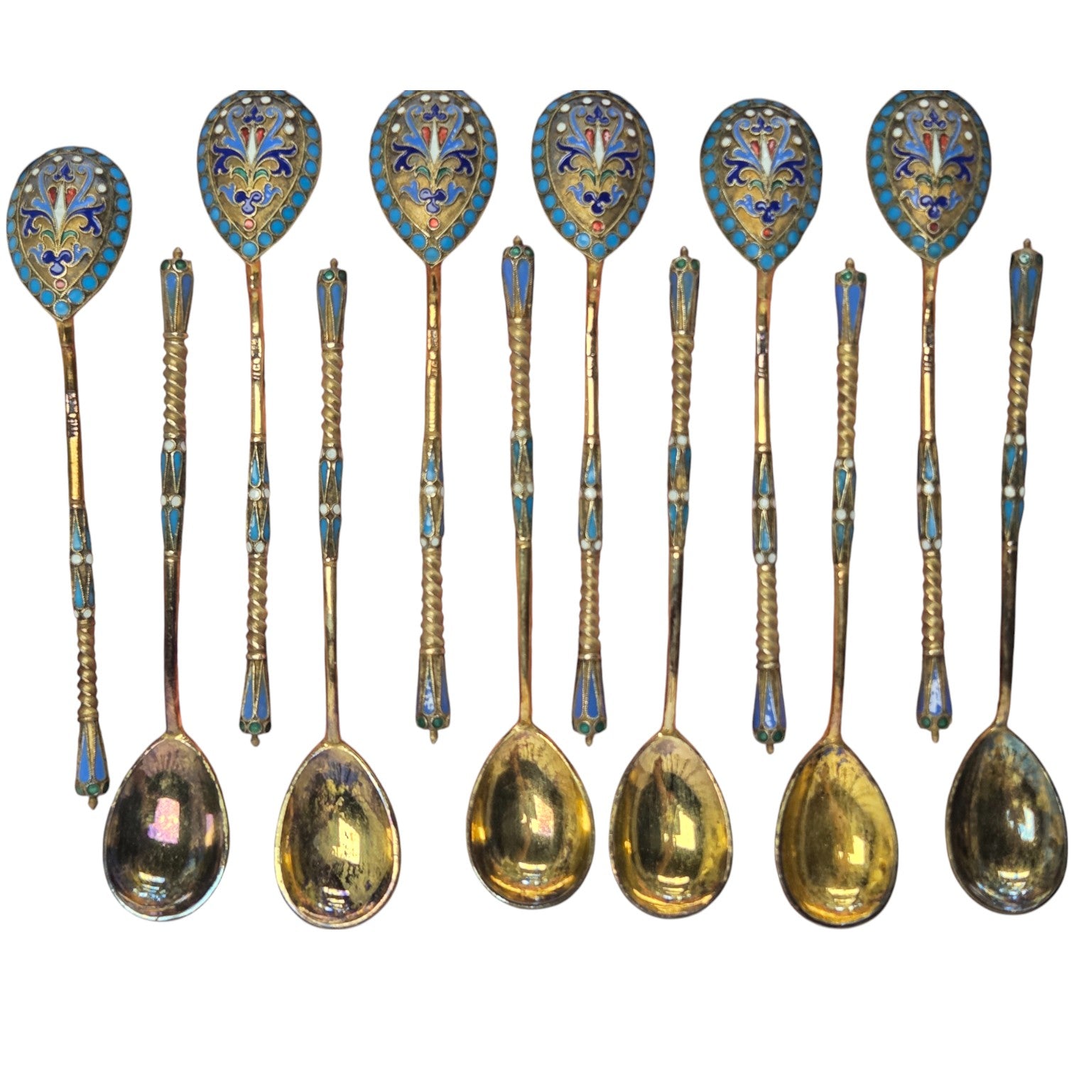 12 RUSSIAN SILVER GOLD ENAMEL DEMITASSE SPOONS