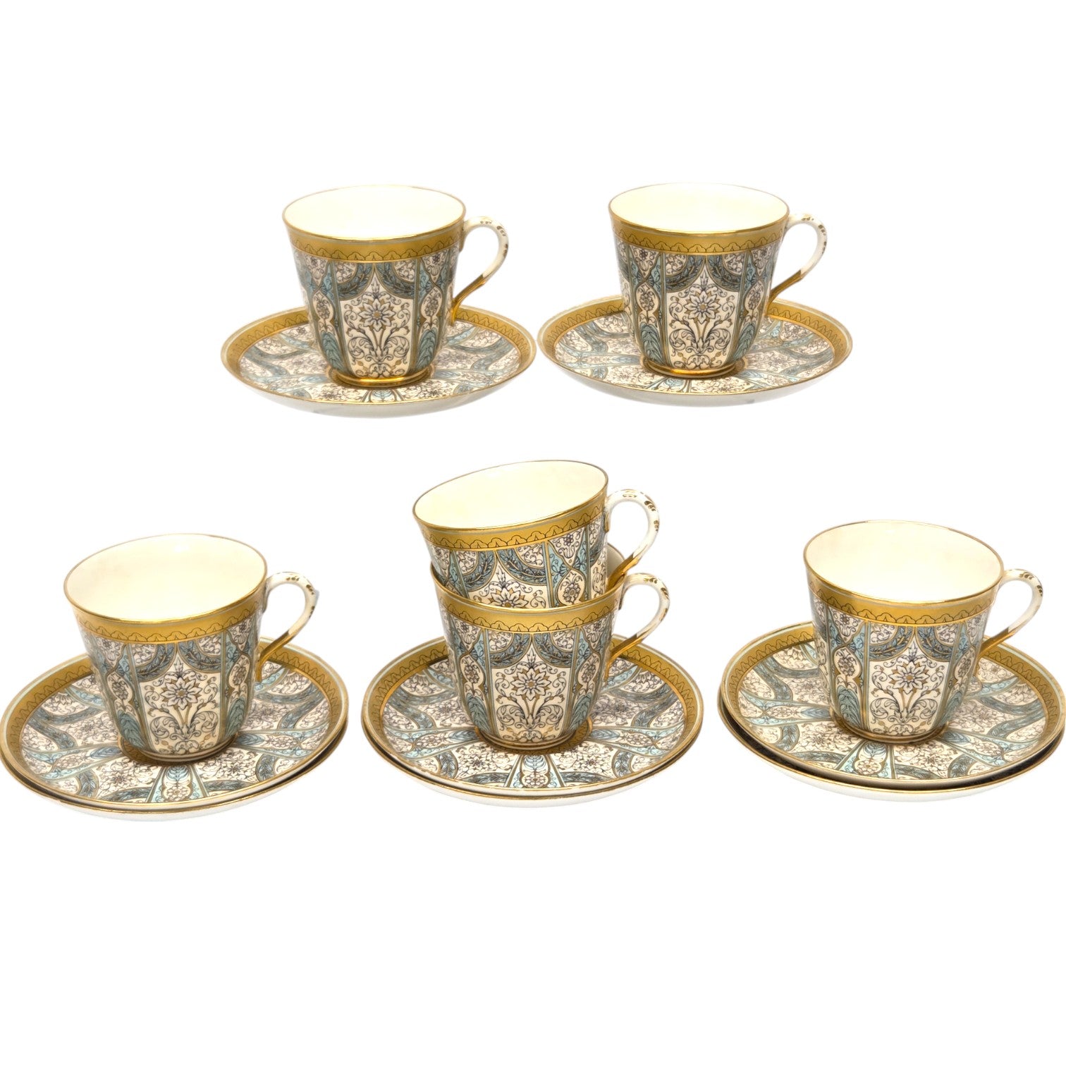 6 ROYAL WORCESTER HARLEQUIN CUPS & SAUCERS