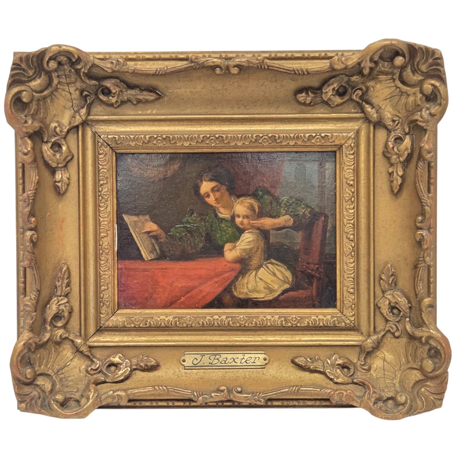 J. BAXTER OIL ON PANEL PAINTING MOTHER CHILD READING