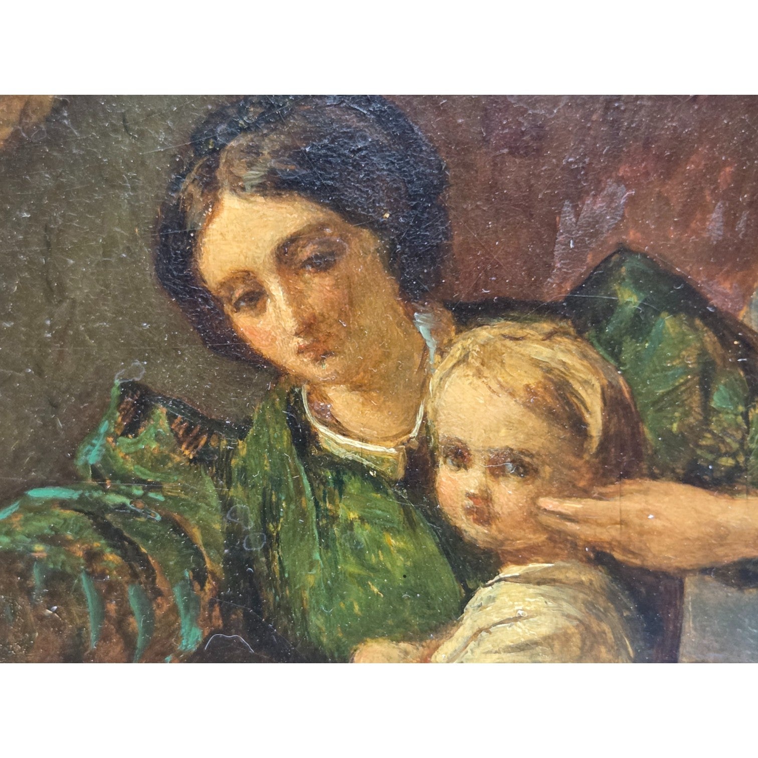 J. BAXTER OIL ON PANEL PAINTING MOTHER CHILD READING