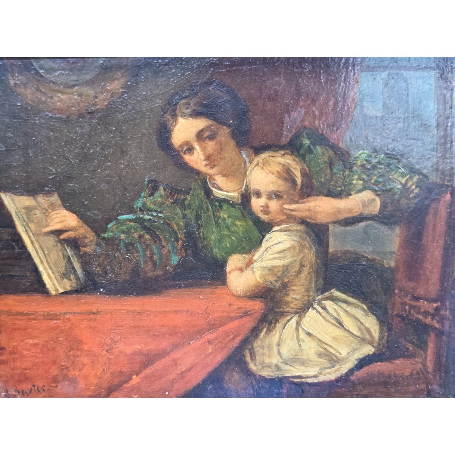 J. BAXTER OIL ON PANEL PAINTING MOTHER CHILD READING