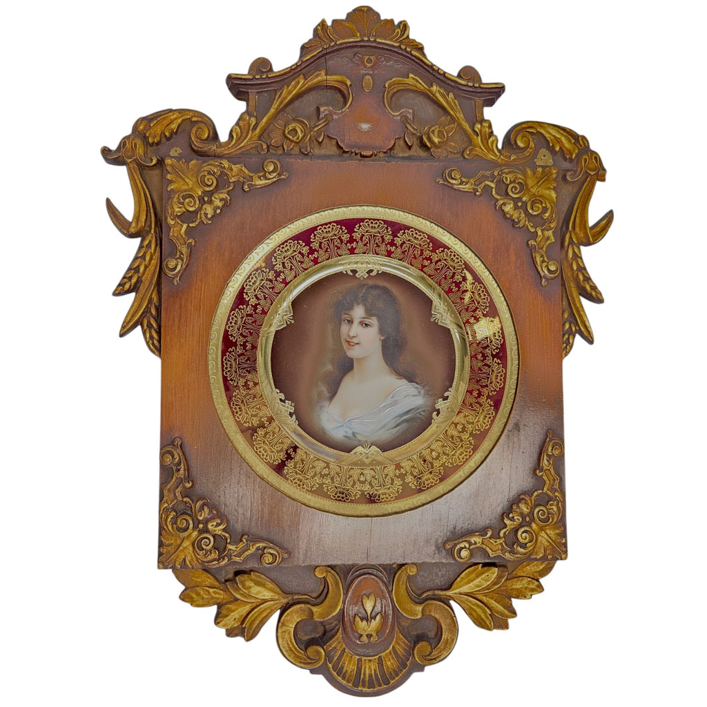 アンティーク アールヌーボー E.WANTE (1872-1960) ブロンズ像 ROYAL VIENNA AMOROSA PORTRAIT PLATE IN CARVED WOOD FRAME