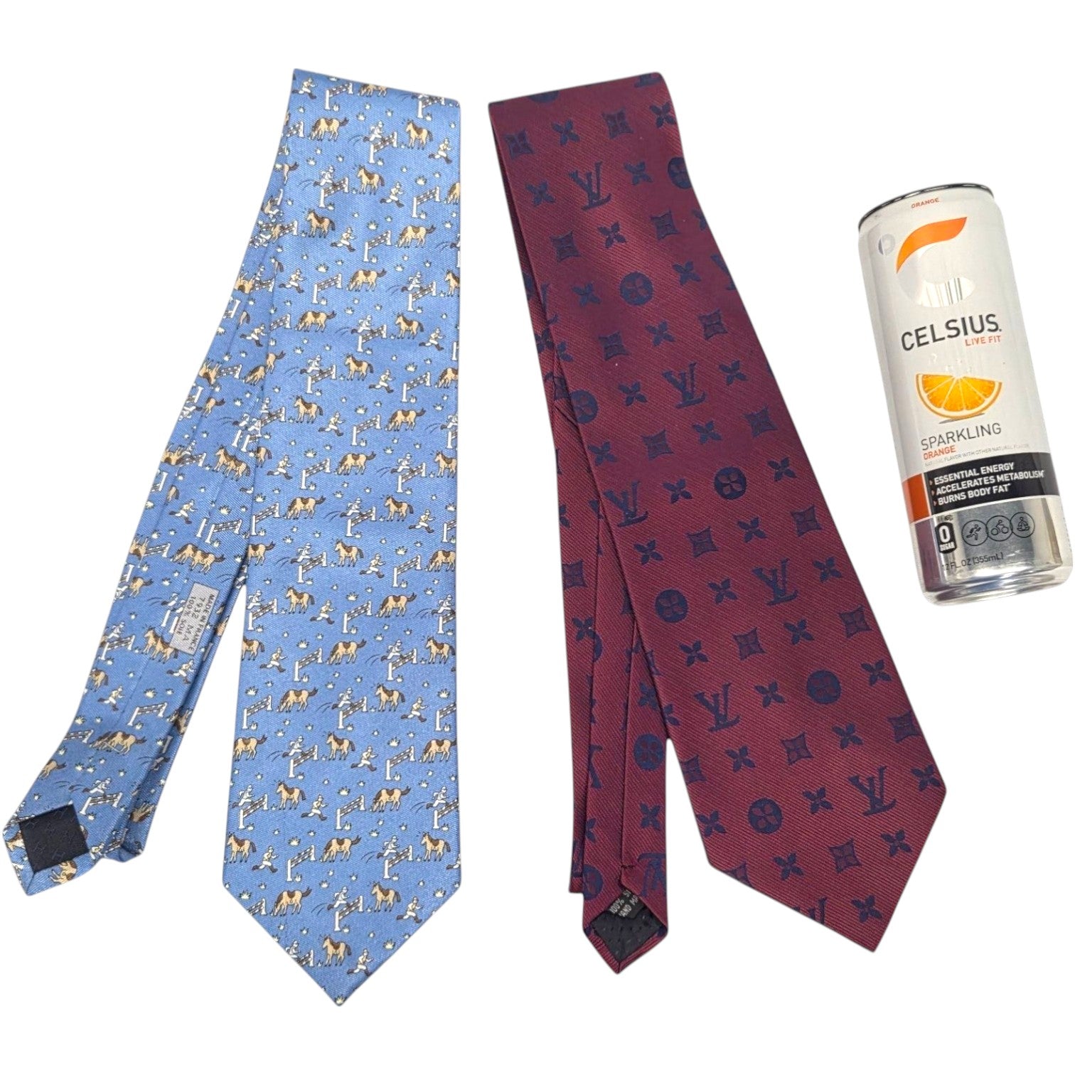TWO DESIGNER SILK NECK TIES: HERMES AND LOUIS VUITTON