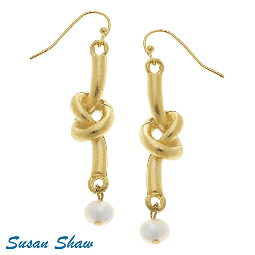 SUSAN SHAW Handcast Gold Love-Knot with Genuine Freshwater Pearl Earrings