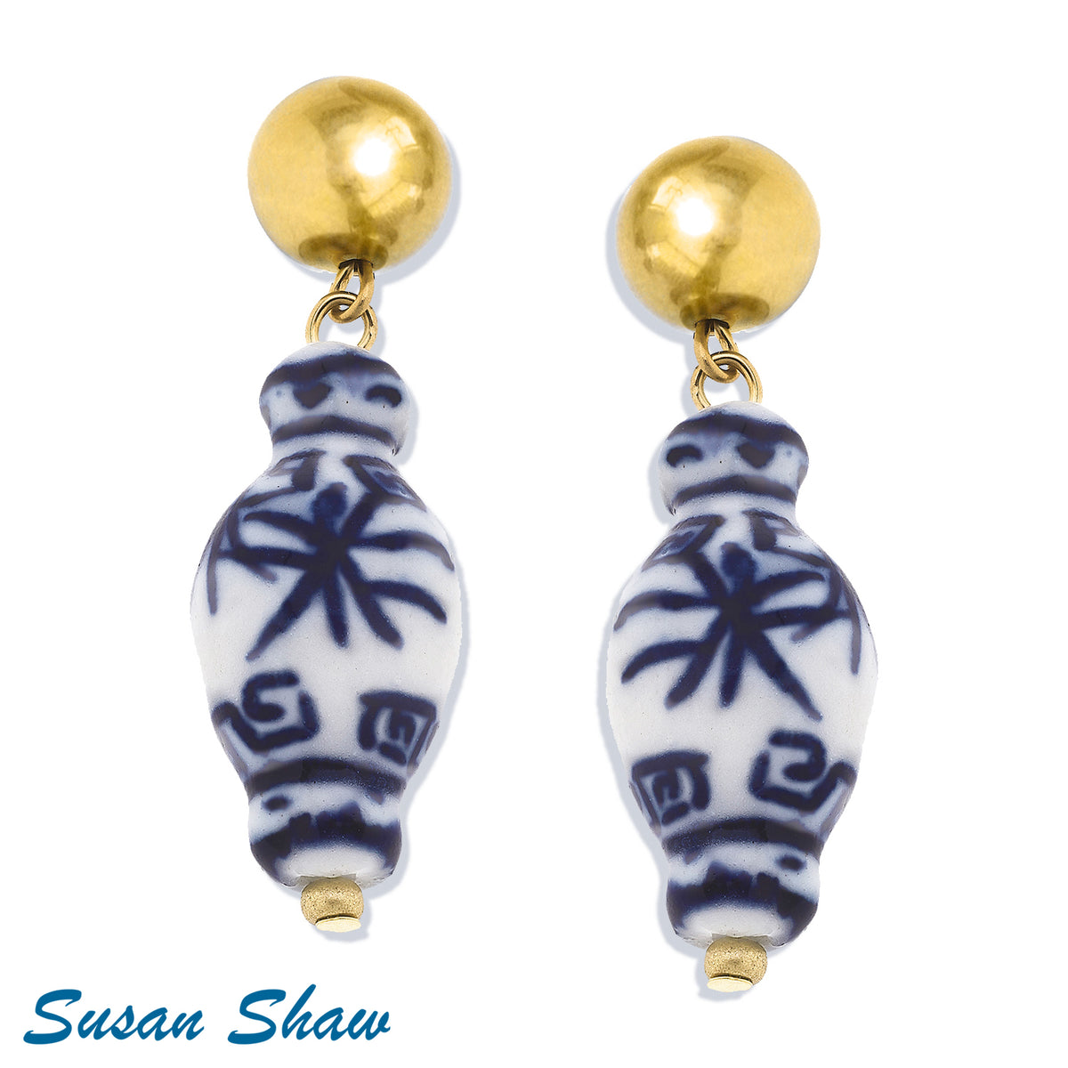 SUSAN SHAW BLUE & WHITE GINGER JAR DROP EARRINGS