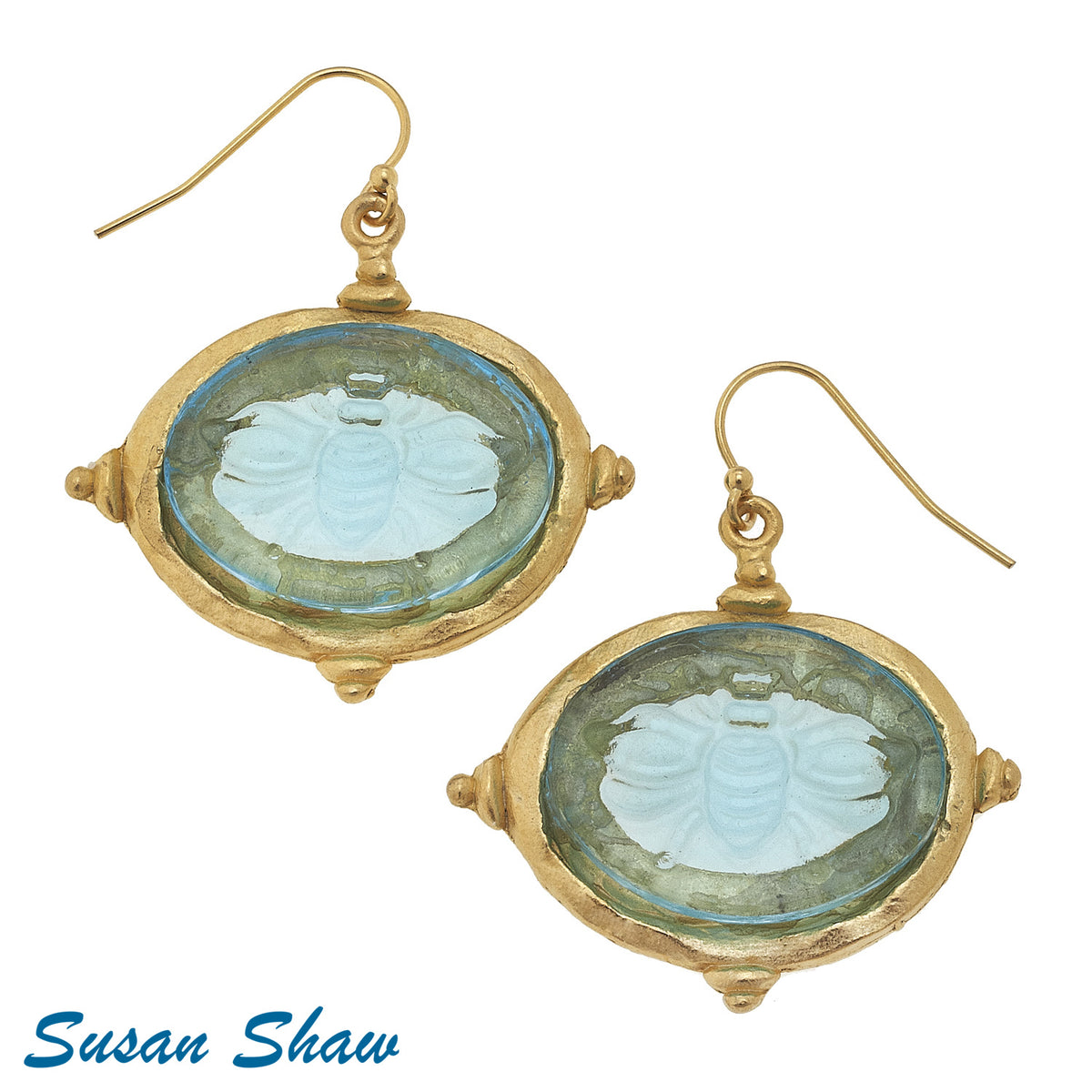 Susan Shaw Earrings: Aqua Venetian Glass Bee & Gold