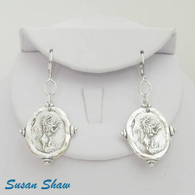 Susan Shaw Earrings: Silver Finished Lion Coins