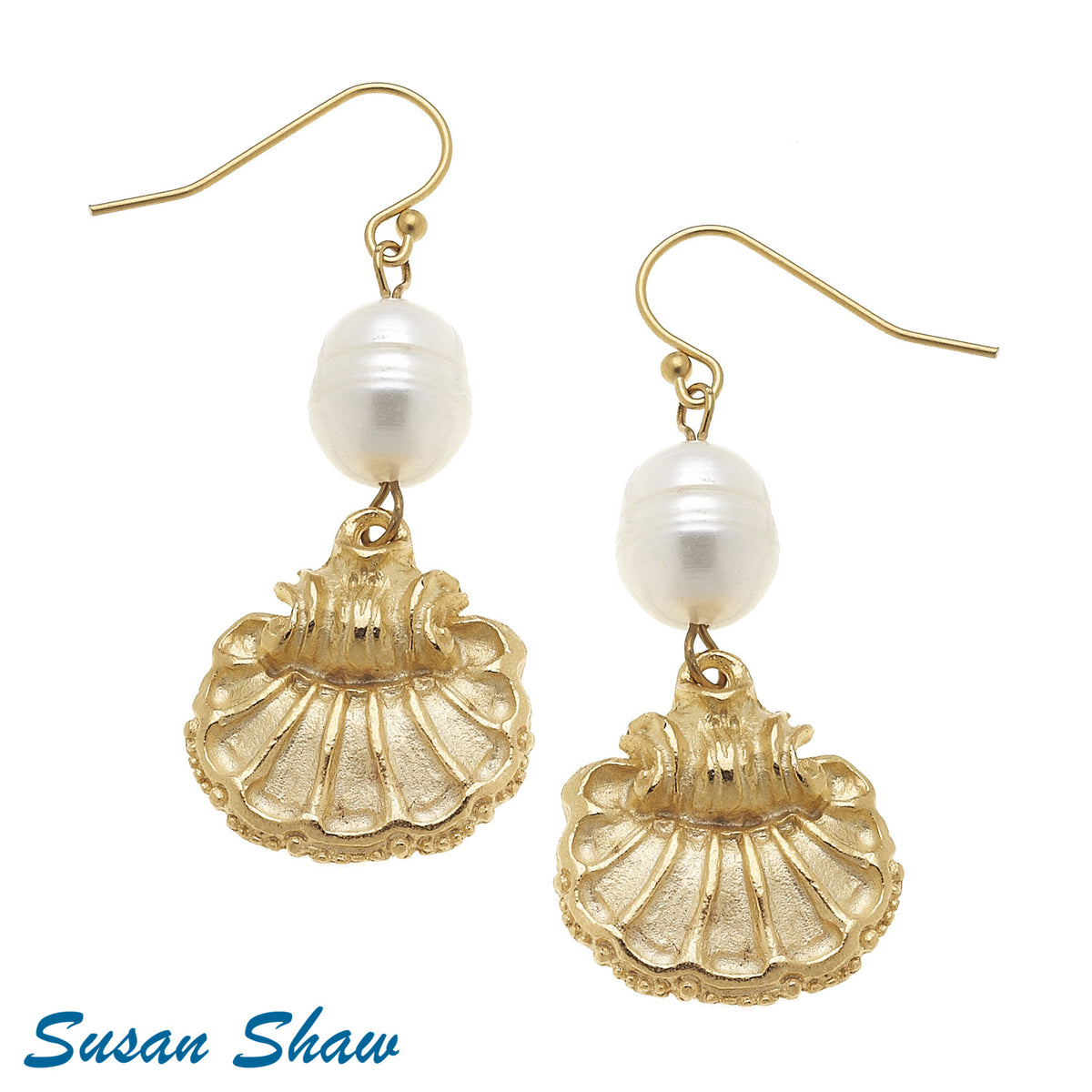 Handcast Gold scallop Shell & Genuine Freshwater Pearl Earrings