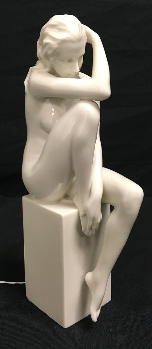 NUDE FEMALE FINE GLAZED PORCELAIN FIGURINE-Sitting on a pedestal-CP30112AB