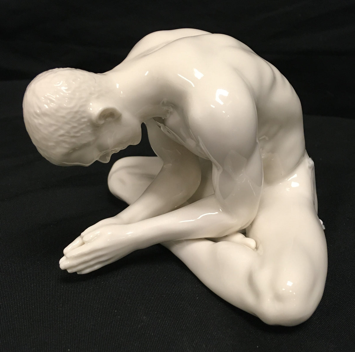 NUDE MALE GLAZED FINE PORCELAIN FIGURINE-CP30094AB-Sitting Bent with Hands Praying--