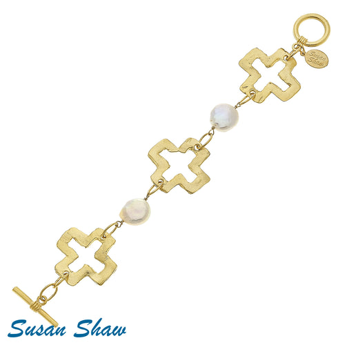 SUSAN SHAW LINKED CROSS TOGGLE BRACELET WITH FRESH PEARLS
