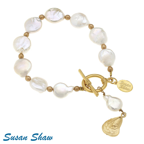 Handcast Gold Oyster Shell on Genuine Freshwater Pearl Bracelet