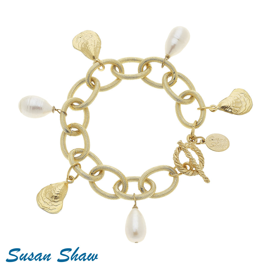 Handcast Gold Oyster Shells & Genuine Freshwater Pearl Charm Bracelet