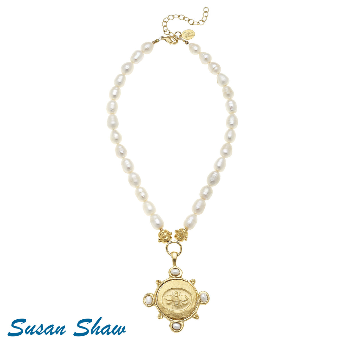 SUSAN SHAW Handcast Gold Bee & Freshwater Pearls on Genuine Freshwater Pearl Necklace