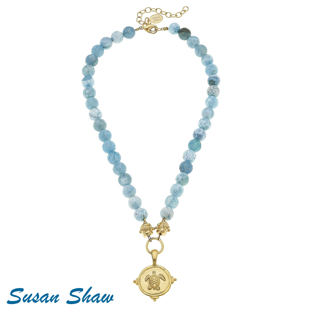 Susan Shaw Necklace: 24kt gold finished Sea Turtle & Aqua Fire Agate
