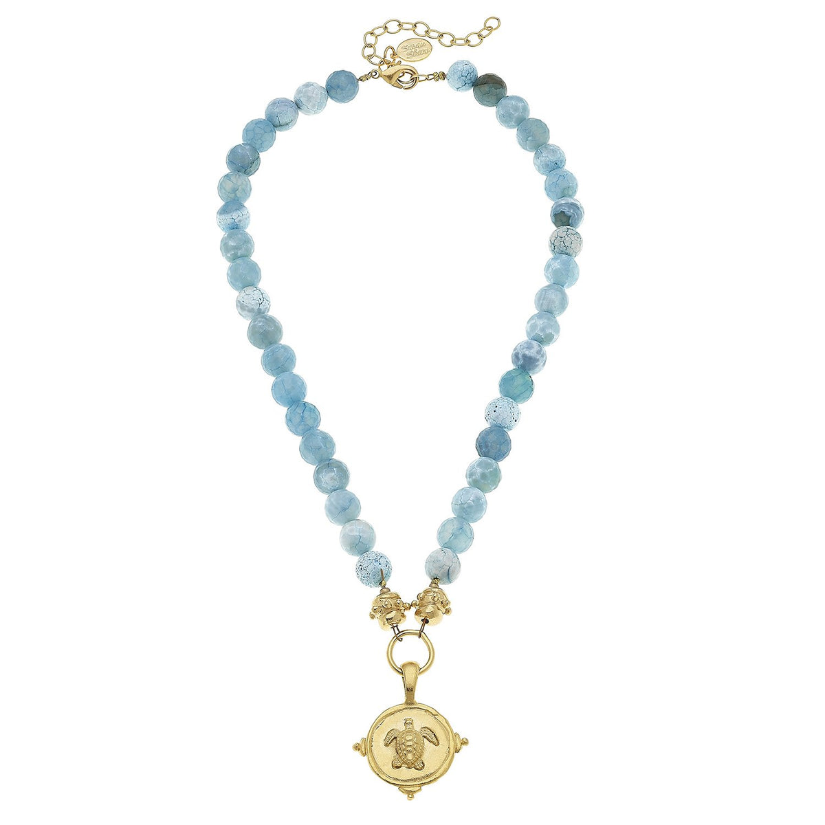 SUSAN SHAW GOLD TURTLE ON AQUA FIRE AGATE NECKLACE